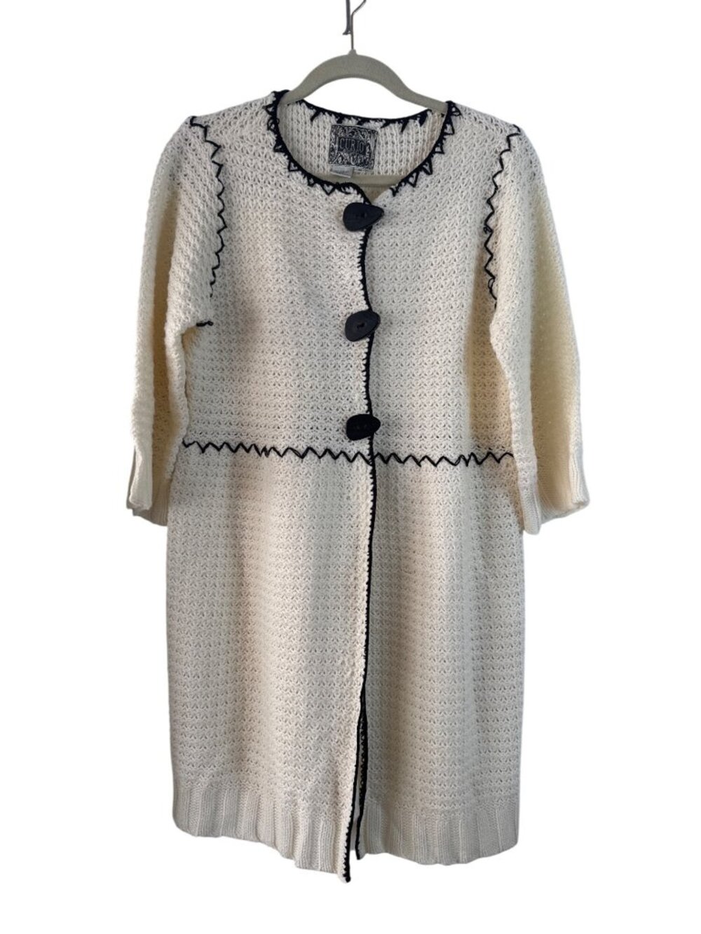 Vintage Curio Cream Crochet Long Cardigan Black Trim & Button Closure M